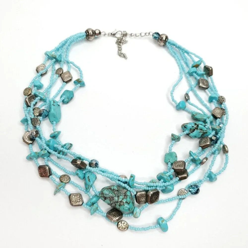Beaded Necklace Blue Stone Nuggets Glass Seed Beads Silver Tone Boho Western 16" - Picture 1 of 1